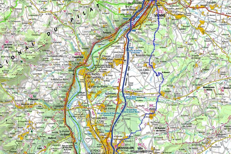 07-04 Karte.jpg - Unsere vierte Etappe (25 km): Von Vienne aus wandern wir südwärts nach Roussillon - die Stadt nicht verwechseln mit dem provenzalischen Ort gleichen Namens oder der gleichnamigen Provinz in Südwestfrankreich